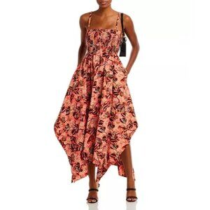 A.L.C. Coral and Black Floral Asymmetrical Handkerchief-Hem Dress
